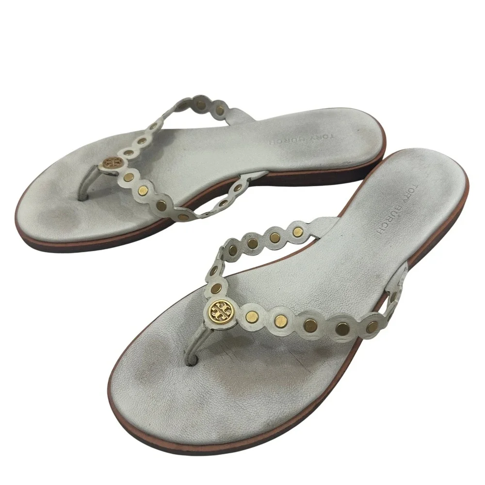 Tory Burch Womens Gold Logo Metallic Leather Scalloped Studded Flip Flop Sandals